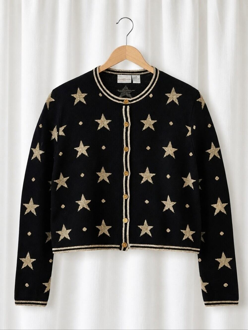 First Issue Chic Celestial Star Black Metallic Gold Button Front Knit Cardigan